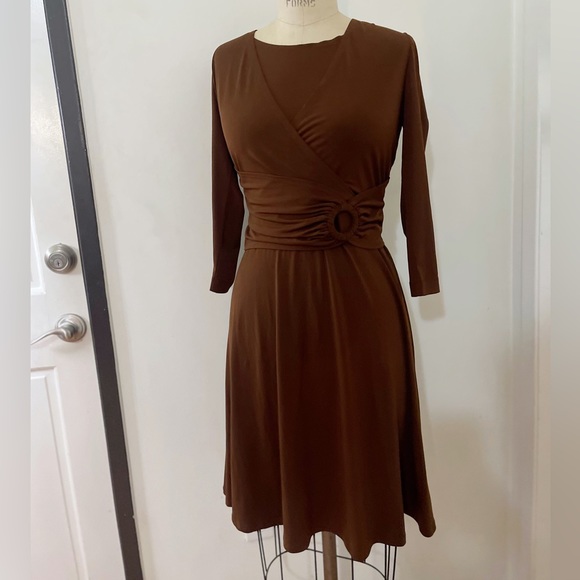 MISS DORBY BROWN WRAP NECKLINE KNIT STRETCH DRESS - Picture 1 of 8